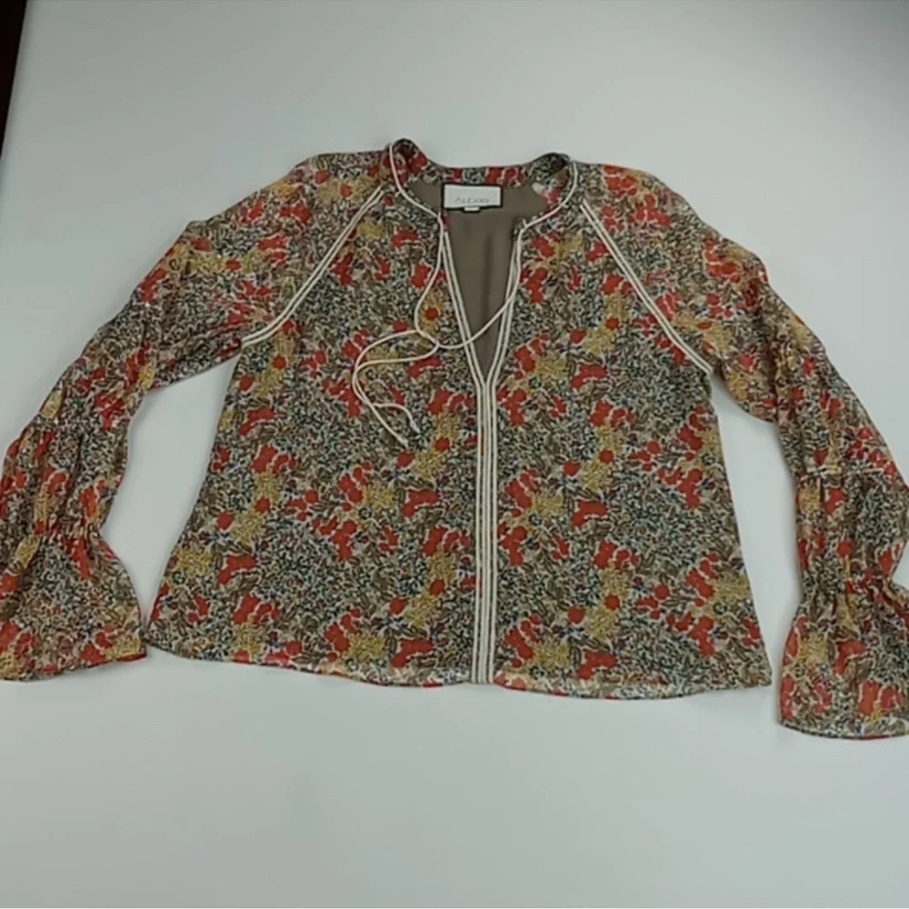 ALEXIS “Samera” Floral Print Sheer Peasant Top Blouse Tassel Tie GMA Hoda Large - Picture 7 of 14